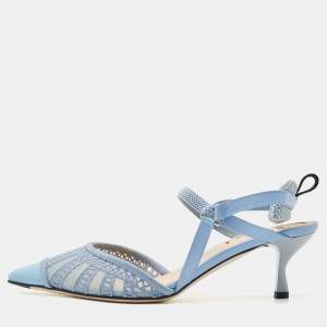 Fendi Blue Tulle And Satin Colibri Lite Slingback Pumps Size 36