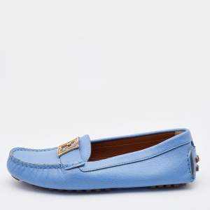 Fendi Blue Leather FF Logo Slip On Loafers Size 36