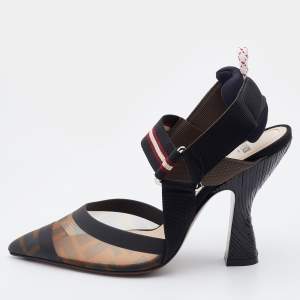 Fendi Black/Brown Zucca Mesh and Leather Colibri Slingback Pumps Size 36