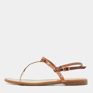 Pre Owned Fendi Brown Leather Bow Detail Ankle Strap Flats Sandals Size 38