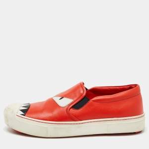 Pre Owned Fendi Orange Leather Bag Bug Slip On Sneakers Size 38