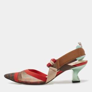 Fendi Brown/Red Zucca Mesh and Canvas Colibri Pumps Size 39