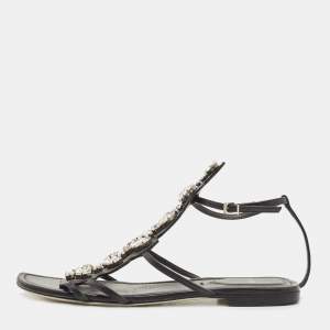 Fendi Black Leather Crystal Embellished Strappy Ankle Strap Flat Sandals Size 37