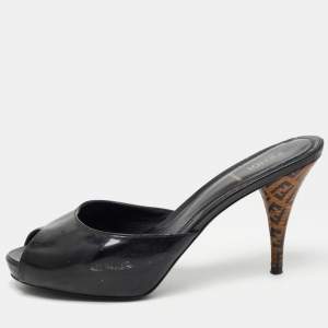 Pre Owned Fendi Black Patent Leather FF Superstar Peep-Toe Mule Size 39