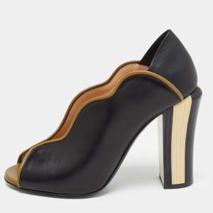 Pre Owned Fendi Black/Olive Green Leather Wave Block Heel Peep Toe Pumps Size 37