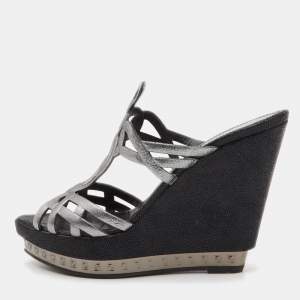 Fendi Metallic Grey Fabric Cut Out Wedge Slide Sandals Size 37