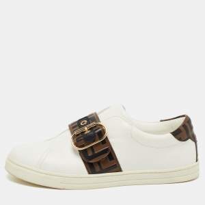 Pre Owned Fendi White/Brown Zucca Leather Pearland Slip On Sneakers Size 39