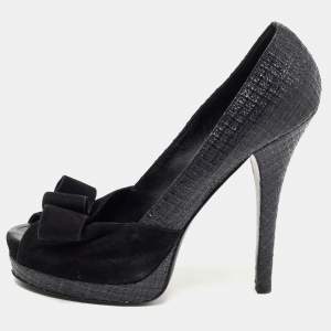 Pre Owned Fendi Two Tone Woven Raffia and Suede Bow Deco Platform Pumps Size 41