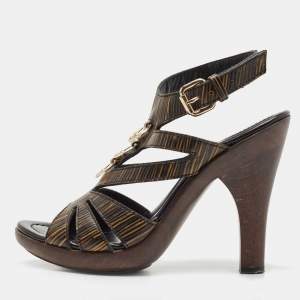 Pre Owned Fendi Black/Brown Leather Buckle Ankle Strap Sandals Size 36.5