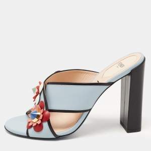 Fendi Blue Leather Flowerland Slide Sandals Size 38