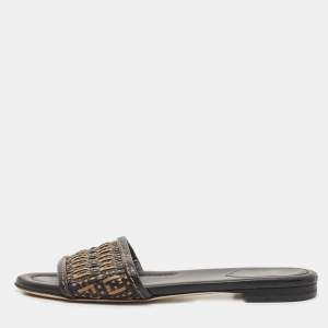 Fendi Black/Gold Woven Leather FF Interlace Slide Flat Size 38