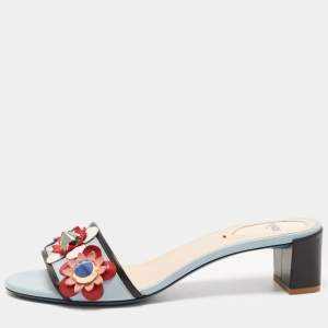 Pre Owned Fendi Blue Leather Flowerland Block Heel Slides Size 38.5