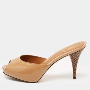 Pre Owned Fendi Brown Patent Leather Peep Toe Slide Sandals Size 39.5 