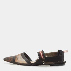 Pre Owned Fendi Brown/Black Zucca Mesh and Leather Colibri Slingback Flats Size 38
