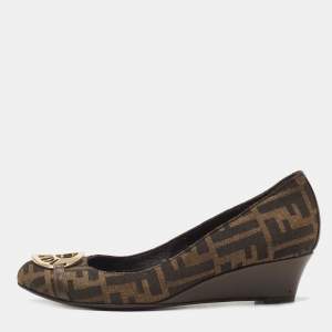 Fendi Brown Zucca Canvas and Leather Logo Wedge Pumps Size 38