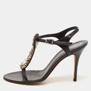 Pre Owned Fendi Black Leather Crystal Embellished Ankle Strap Sandals Size 38.5