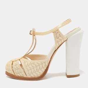 Pre Owned Fendi Cream/White Laser Cut Leather Block Heel Sandals Size 39