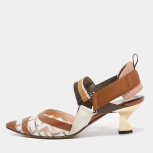Pre Owned Fendi Brown Leather and Zucca PVC Colibri Slingback Pumps Size 36.5