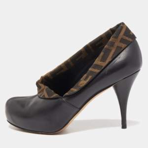 Pre Owned Fendi Black/Brown Leather and Zucca Canvas Envelope Ankle Booties Size 37