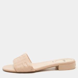 Pre Owned Fendi Beige Leather FF Flat Slides Size 39