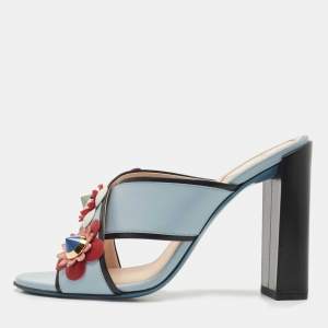 Fendi Blue Leather Flowerland  Block Heel Slide Sandals Size 39