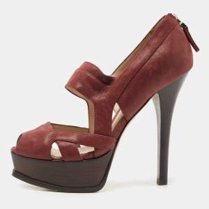 Pre Owned FendI Burgundy Glitter Nubuck Leather Peep Toe Platform Pumps Size 37.5