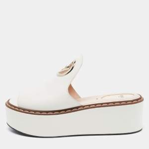 Fendi White Leather Logo Detail Platform Mules Size 40