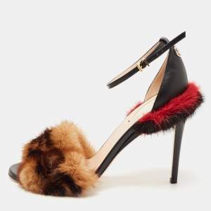  Fendi Multicolor FF Mink Fur Ankle Strap Sandals Size 38