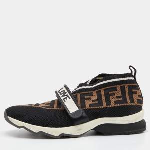 Pre Owned Fendi Brown/Black Zucca Knit Fabric Rockoko Slip On Sneakers Size 38