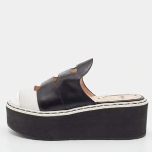Fendi Black/White Leather Wedge Platform Slide Sandals Size 36
