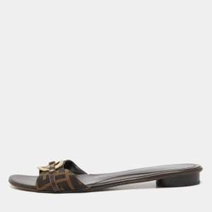 Pre Owned Fendi Brown Zucca Canvas Logo Buckle Flat Slides Size 41