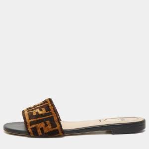 Pre Owned Fendi Black/Brown Zucca Velvet Slide Flats Size 37