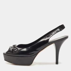 Pre Owned Fendi Black Leather Bow  Peep Toe  Platform Slingback  Pumps Size 41