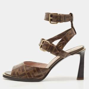 Fendi Brown Zucca Coated Canvas and Leather Motif Logo Ankle Strap Sandals Size 38