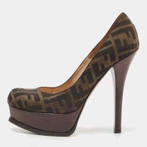 Pre Owned Fendi Brown Zucca Canvas Platform Pumps Size 38