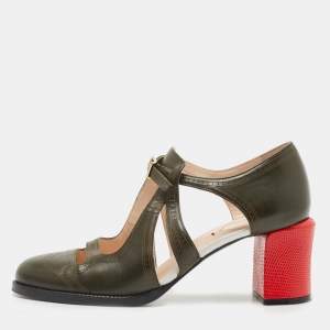 Pre Owned Fendi Army Green Leather Chameleon Pumps Size 37.5