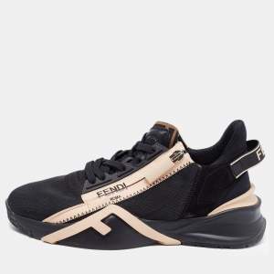 Pre Owned Fendi Black/Peach Suede and Nylon Flow Sneakers Size 37