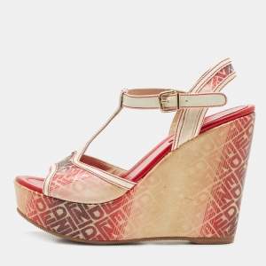 Pre Owned Fendi Tricolor Leather and Logo Print Ombre Canvas T-Strap Wedge Sandals Size 38