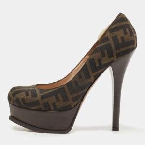 Pre Owned Fendi Brown Zucca Canvas Fendista Platform Pumps Size 37.5