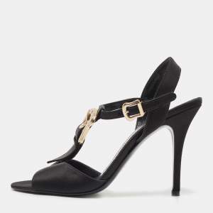 Pre Owned Fendi Black Satin Crystal Embellished Buckle T-Strap Sandals Size 39