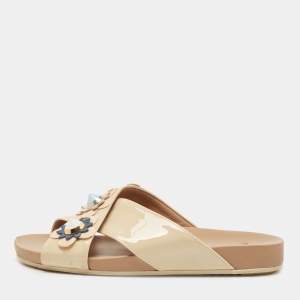Pre Owned Fendi Beige Patent Leather Flowerland Criss Cross Flat Slides Size 38