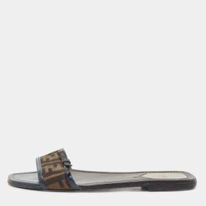 Pre Owned Fendi Brown/Navy Blue Zucca Canvas and Leather Bow Flat Slides Size 40
