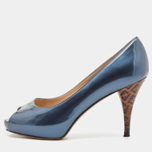 Pre Owned Fendi Blue Patent Leather Peep Toe Platform Pumps Size 36