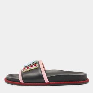 Pre Owned Fendi Black/Pink Leather and Fabric Studded Logo Flat Slides Size 38