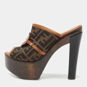 Fendi Brown Zucca Canvas And Leather Platform Slide Sandals Size 37.5