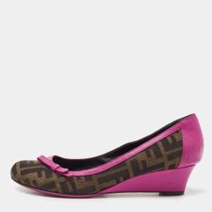 Pre Owned Fendi Brown/Pink Zucca Canvas and Leather Bow Wedge Pumps Size 37.5