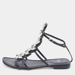 Pre Owned Fendi Black Leather Crystal Embellished Strappy Ankle Strap Flat Sandals Size 37.5