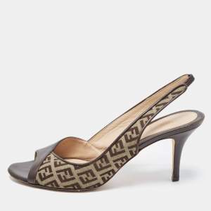 Pre Owned Fendi Brown Leather and Zucca Canvas Open Toe Slingback Sandals Size 39