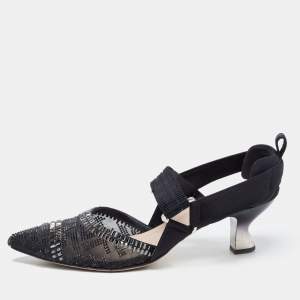 Pre Owned Fendi Black Mesh and Canvas FF Logo Crystal Embellishments Slingback Pumps Size 39.5