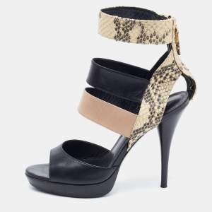 Pre Owned Fendi Tricolor Leather and Python Embossed Ankle Strap Platform Sandals  Size 38